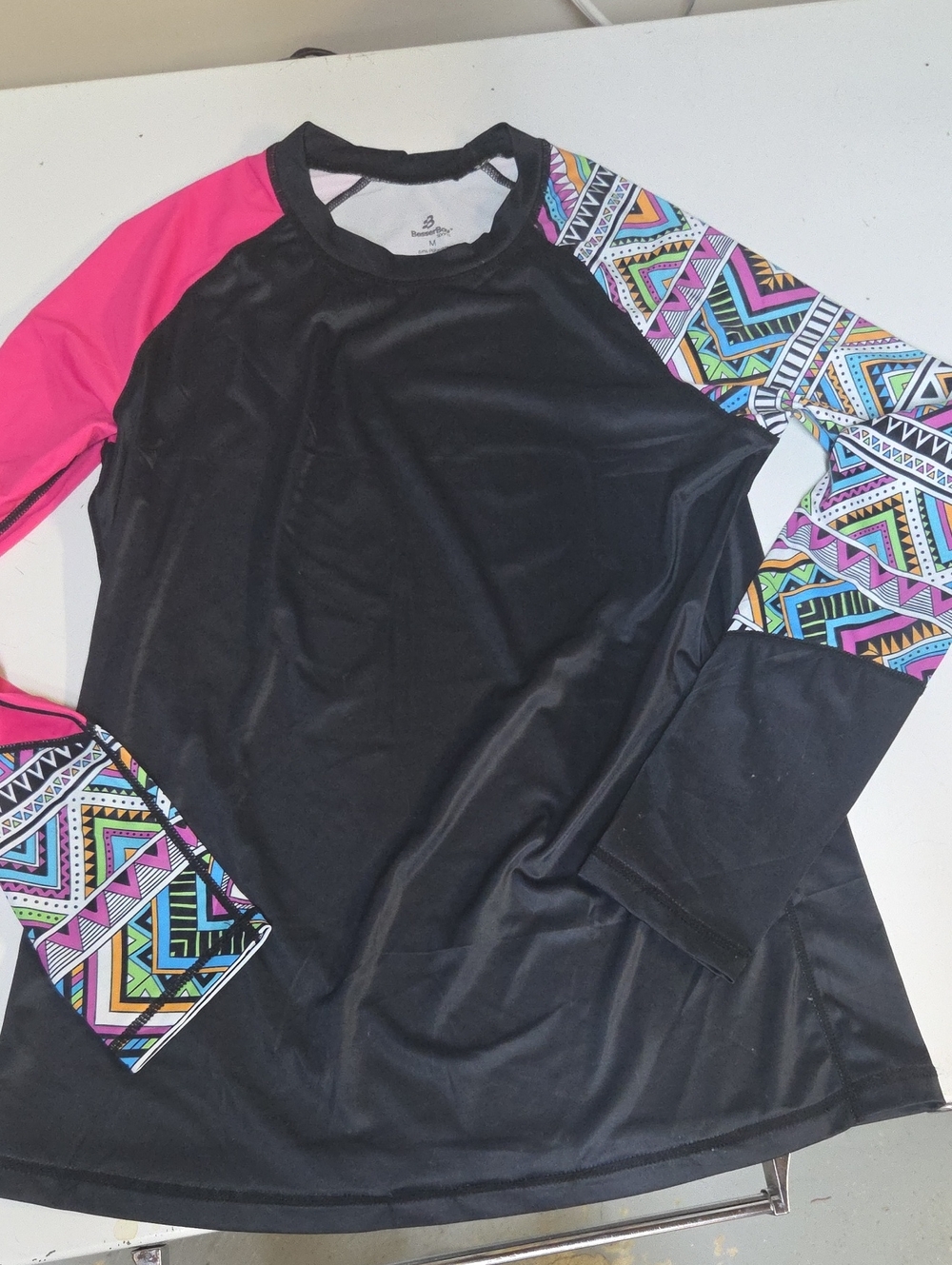 Rash Guard Swim Top with Black, Pink & Multicolor Aztec Sleeves Sz M